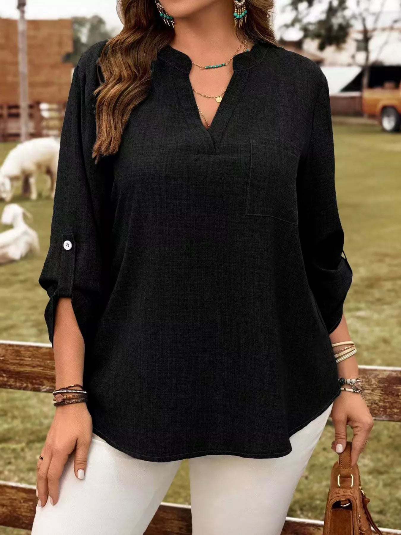 Trendsi Plus Size Notched Roll-Tab Sleeve Casual Blouse -