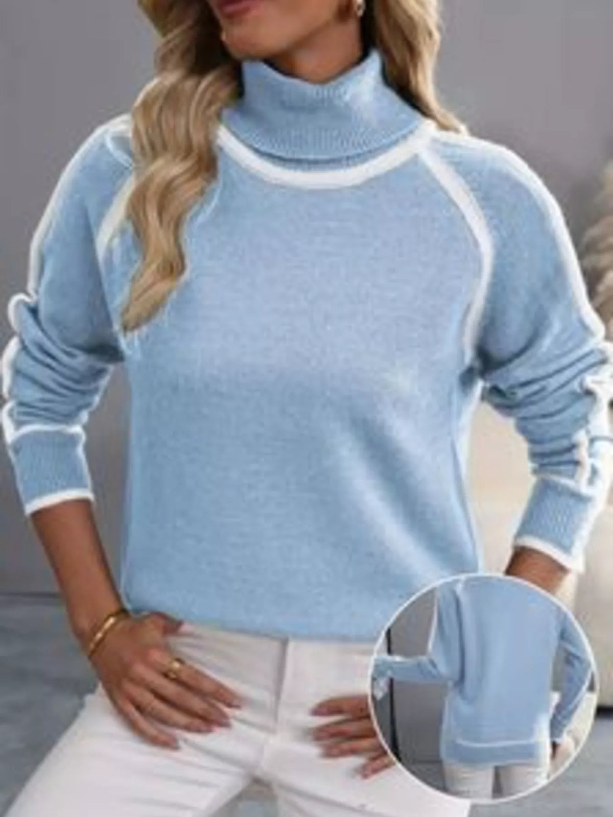 Women's Contrast Trim Ribbed Hem Turtleneck Sweater in Caramel Color, front view