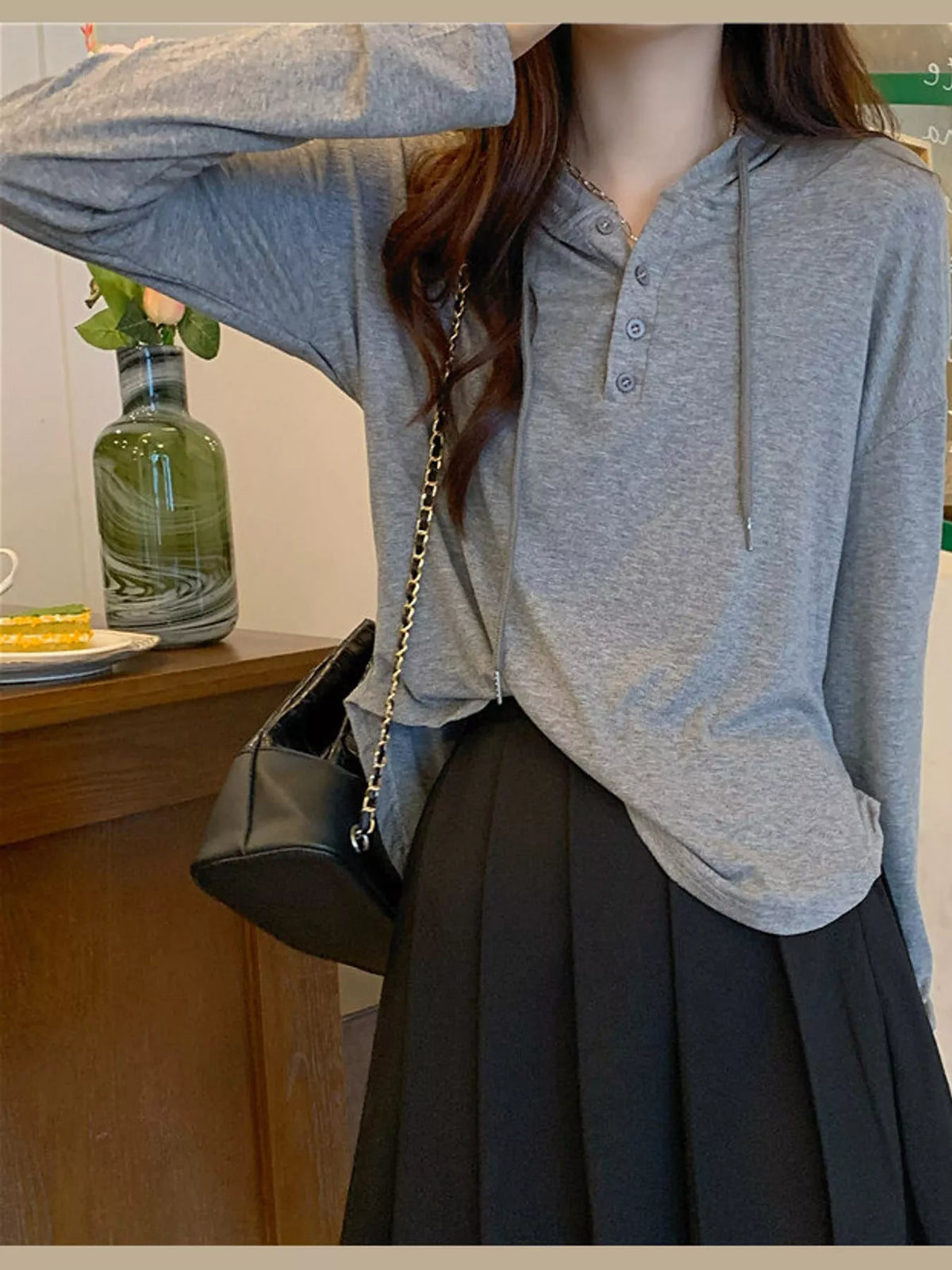 Long-Sleeve Hooded Henley T-Shirt — front view