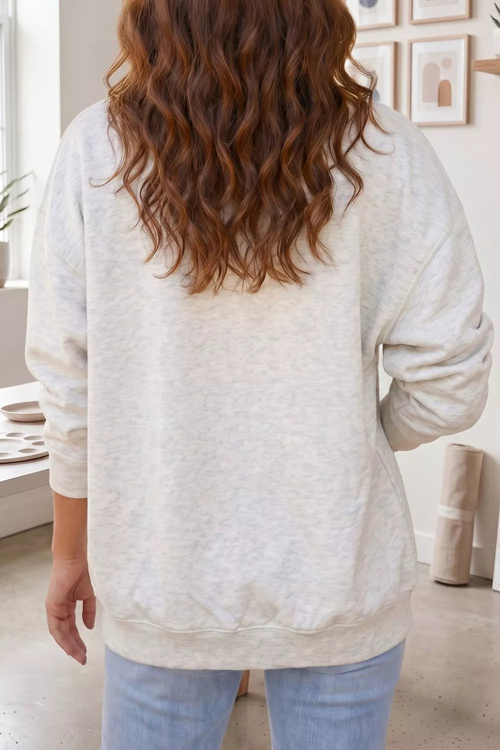Women's Camo Print PRAY Letter Open Front Tunic Sweatshirt in Light Gray, back view
