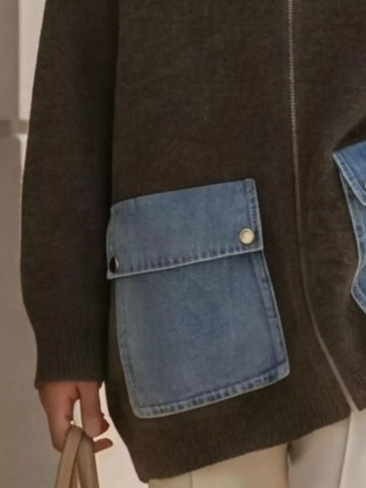 Army Green Contrast Denim Pockets Hooded Cardigan detail view