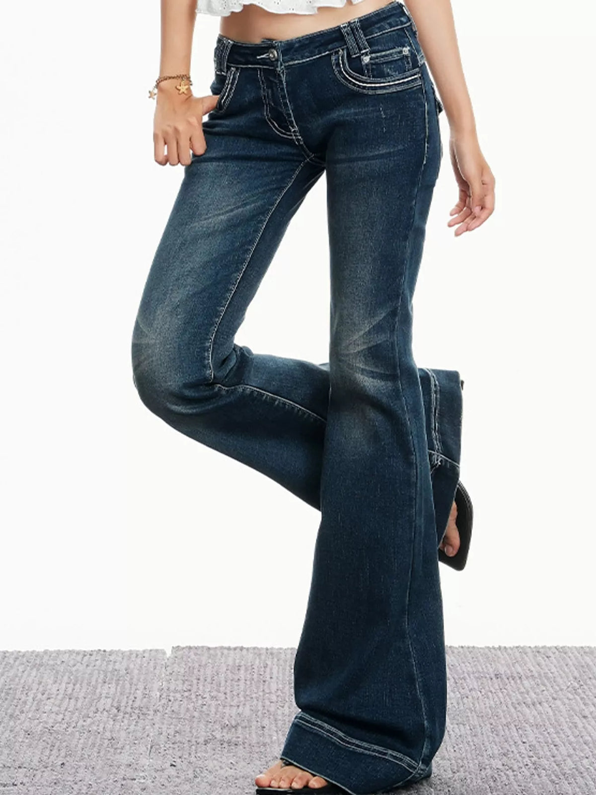 Vintage Blue low-rise contrast-stitch flared jeans