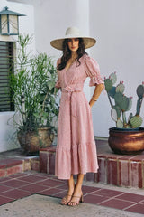 Trendsi SO ME Stripe Textured Short Sleeves Lined Wrap Midi Dres -