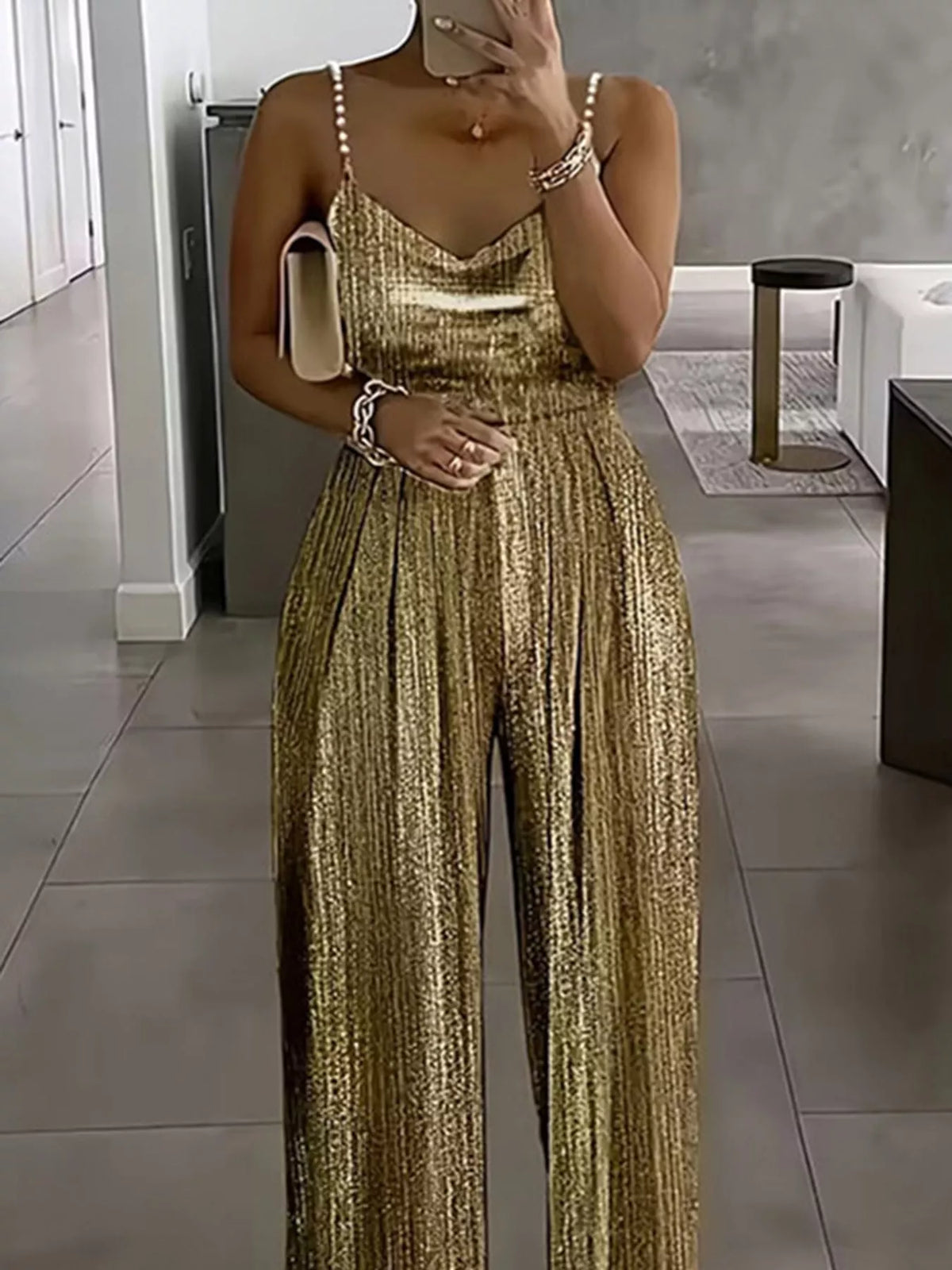 Metallic Wide-Leg Jumpsuit with Pearl Strap Detail in gold