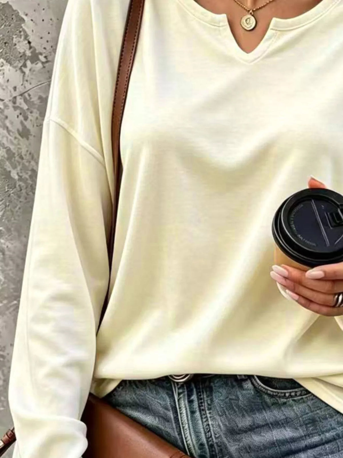 Cream Loose-Fit Notch Neck Long Sleeve T-Shirt sleeve and fabric detail