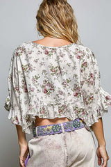 Trendsi POL Ruffle Tie Front Cropped Floral Woven Flutter Sleeve Top -