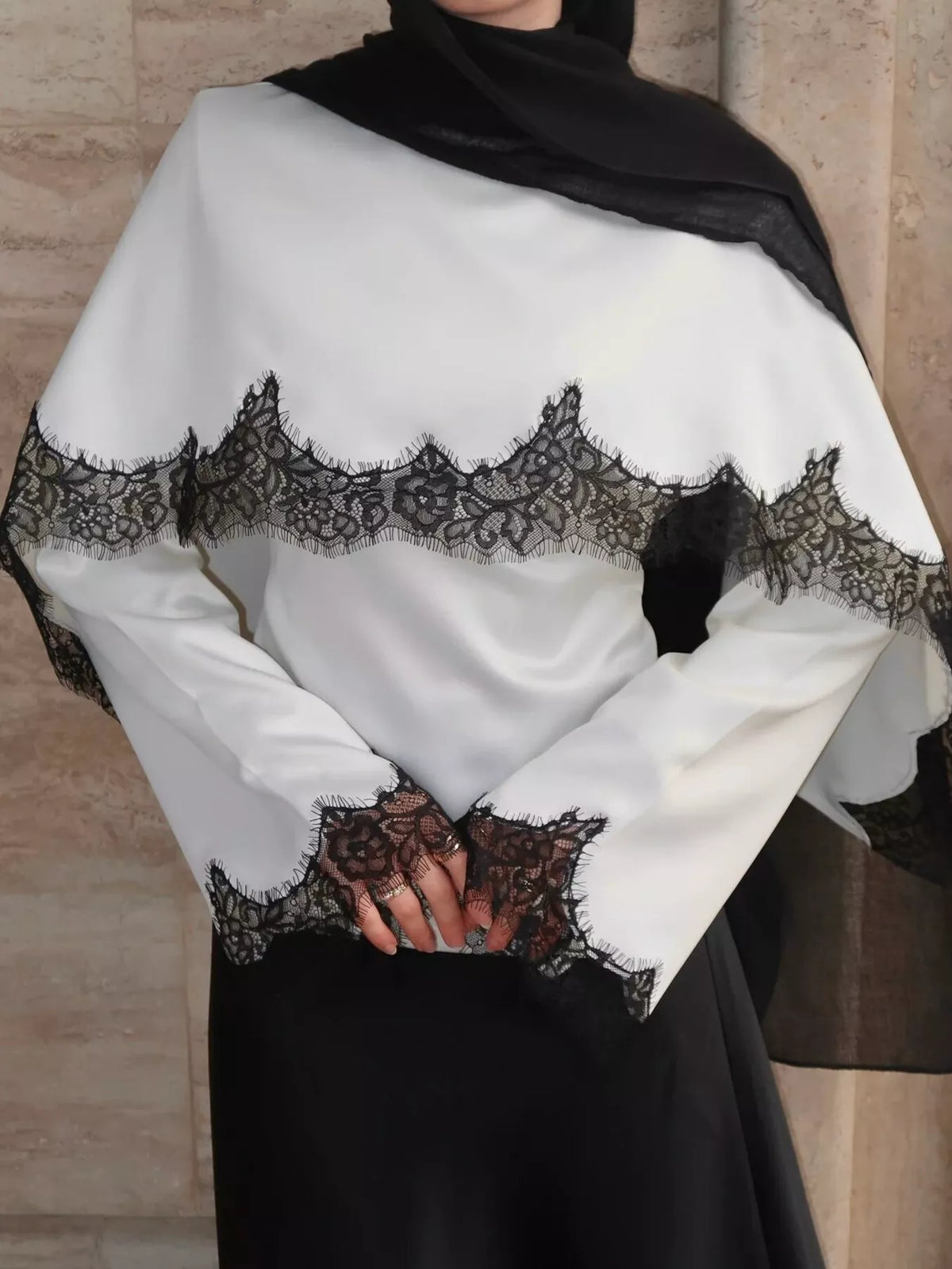 Round neck long sleeve blouse, front view on model