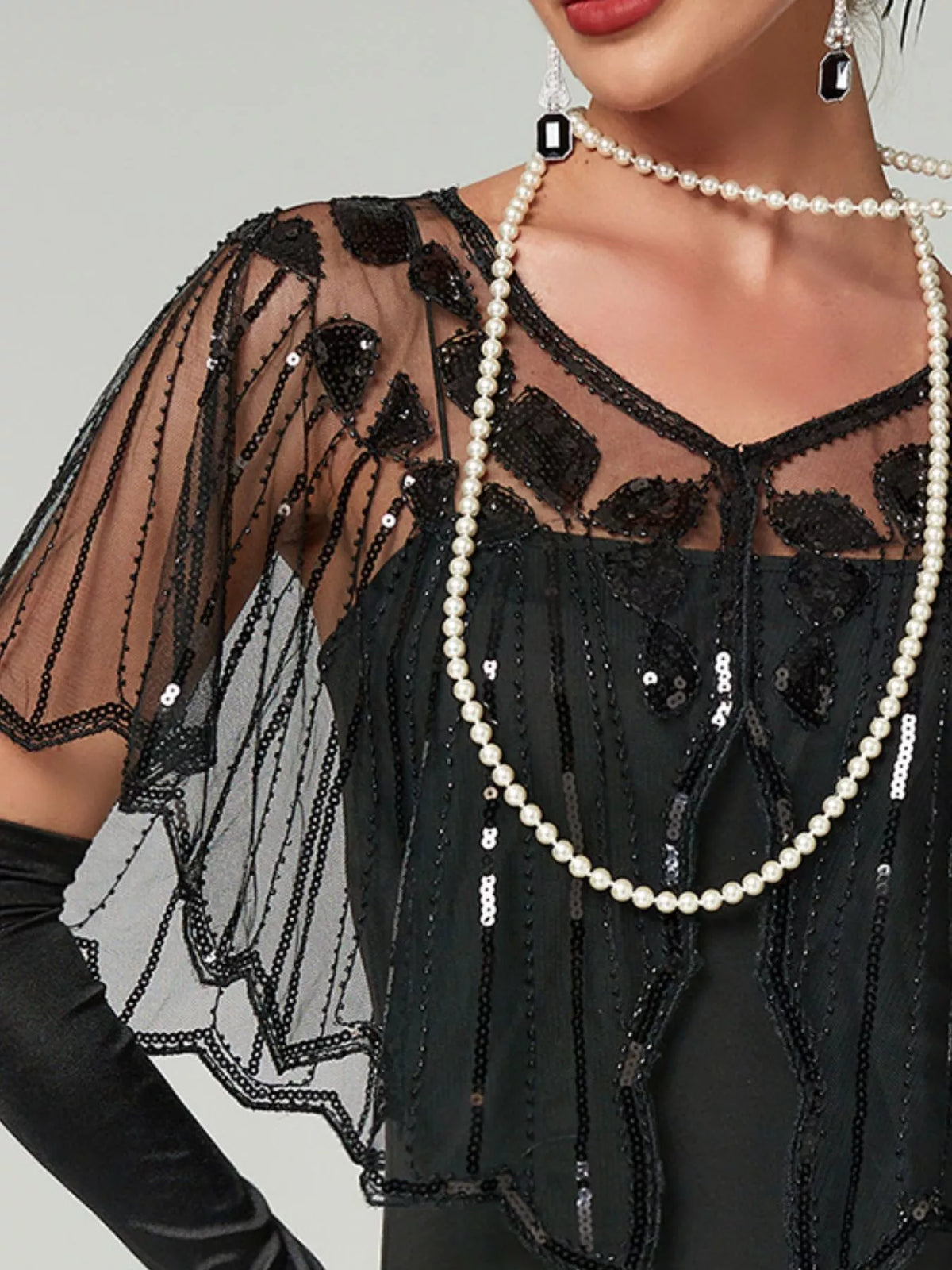 Women's Sequin Sheer Scalloped Capelet in black — front view