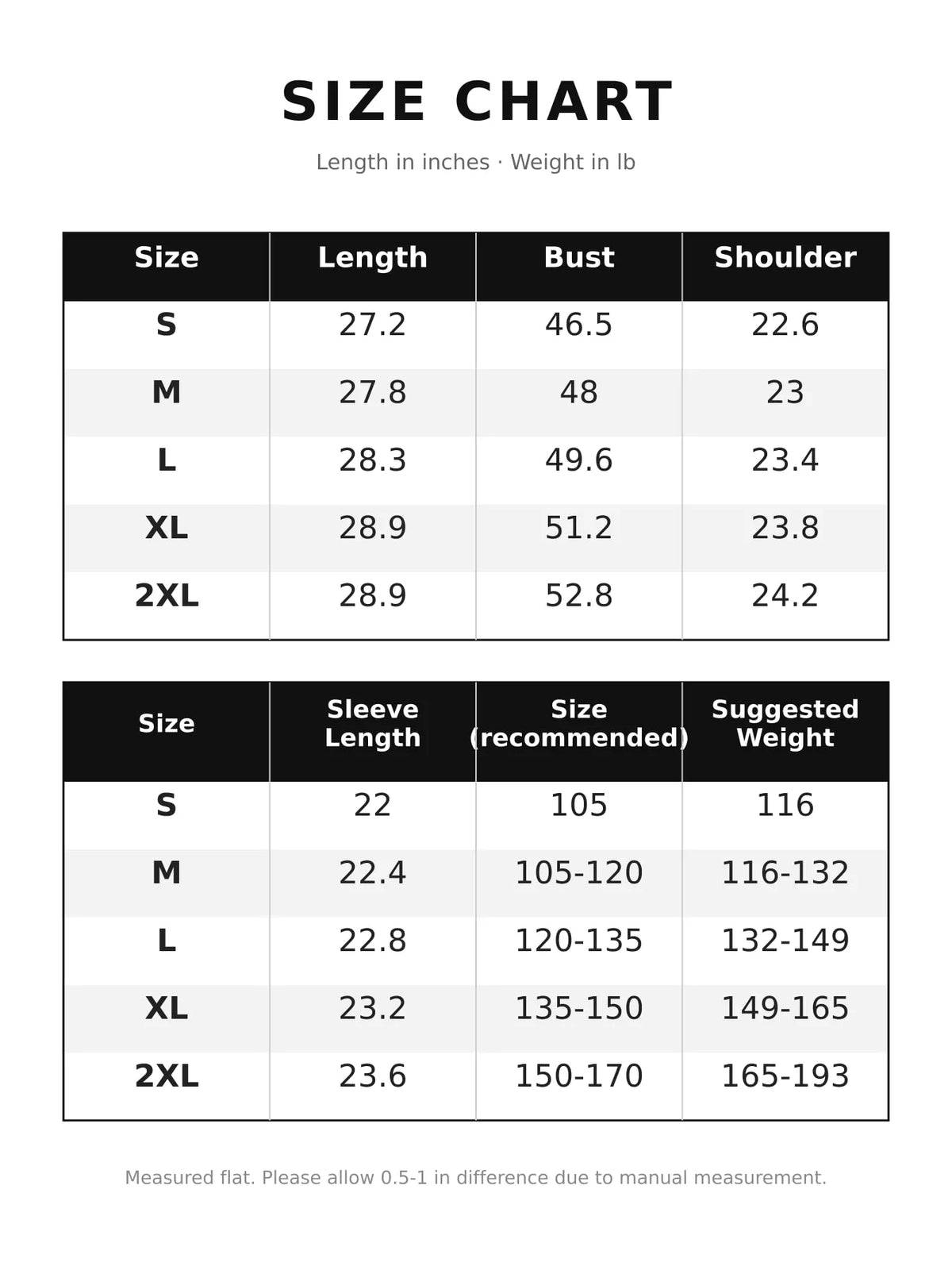 Zip-Up Hooded Puffer Jacket — size and measurement chart