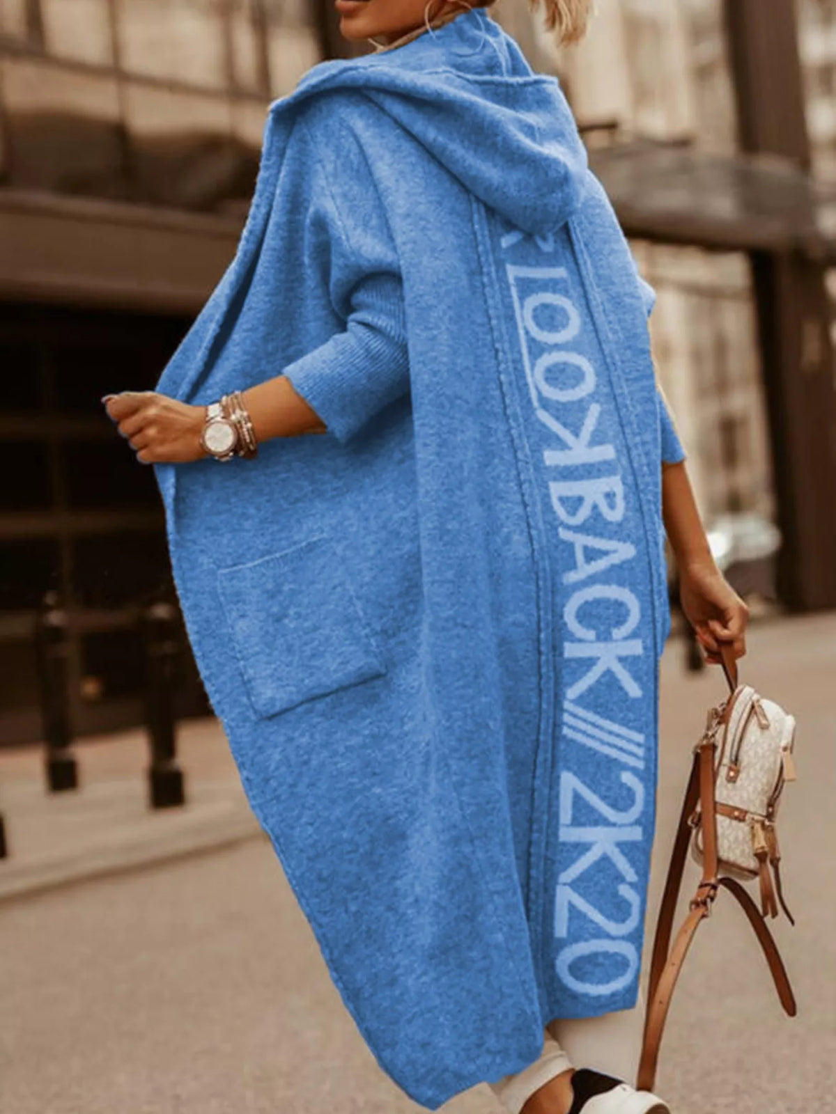 Women's Letter Back Hooded Cardigan in Blue, front view