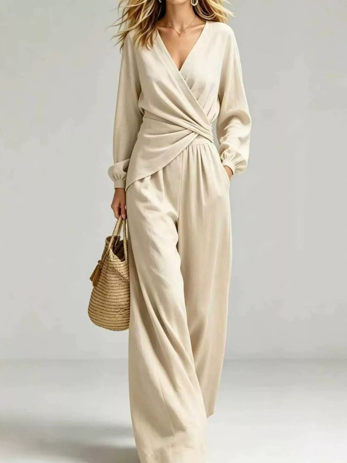 V-Neck Long Sleeve Top and Wide-Leg Pants Set — front view