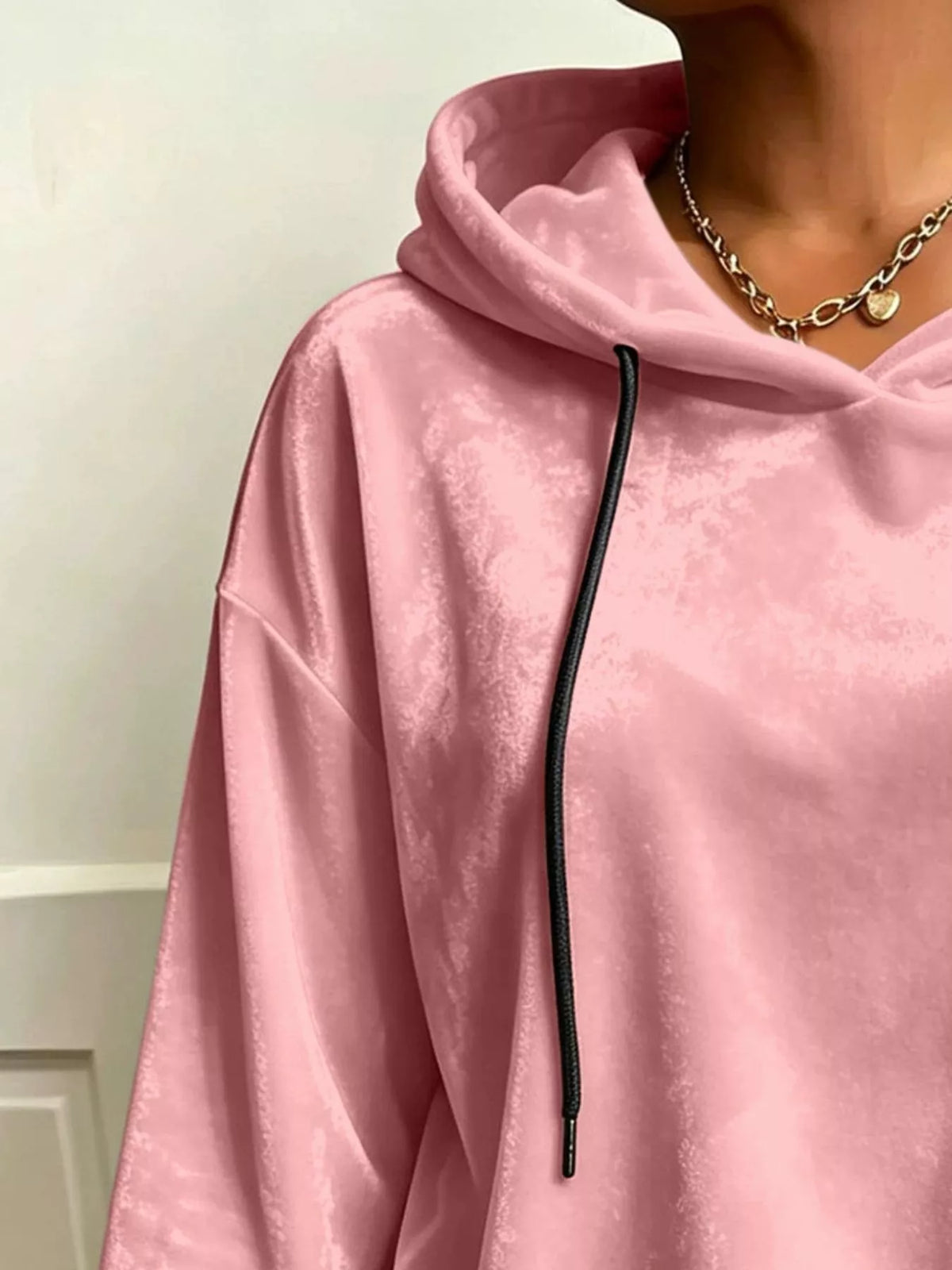 Pink velvet drawstring hoodie, hood and drawstring neckline