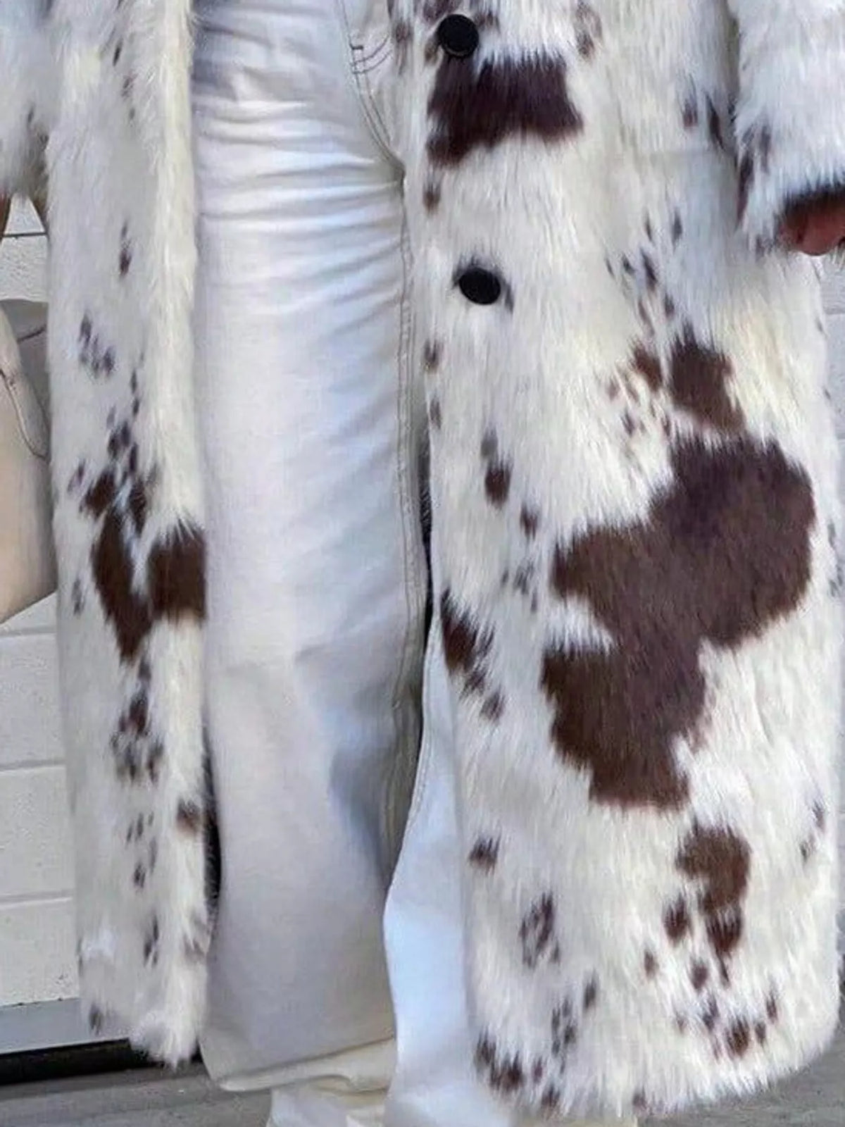 Cow Print Faux Fur Longline Coat, detail view in animal print
