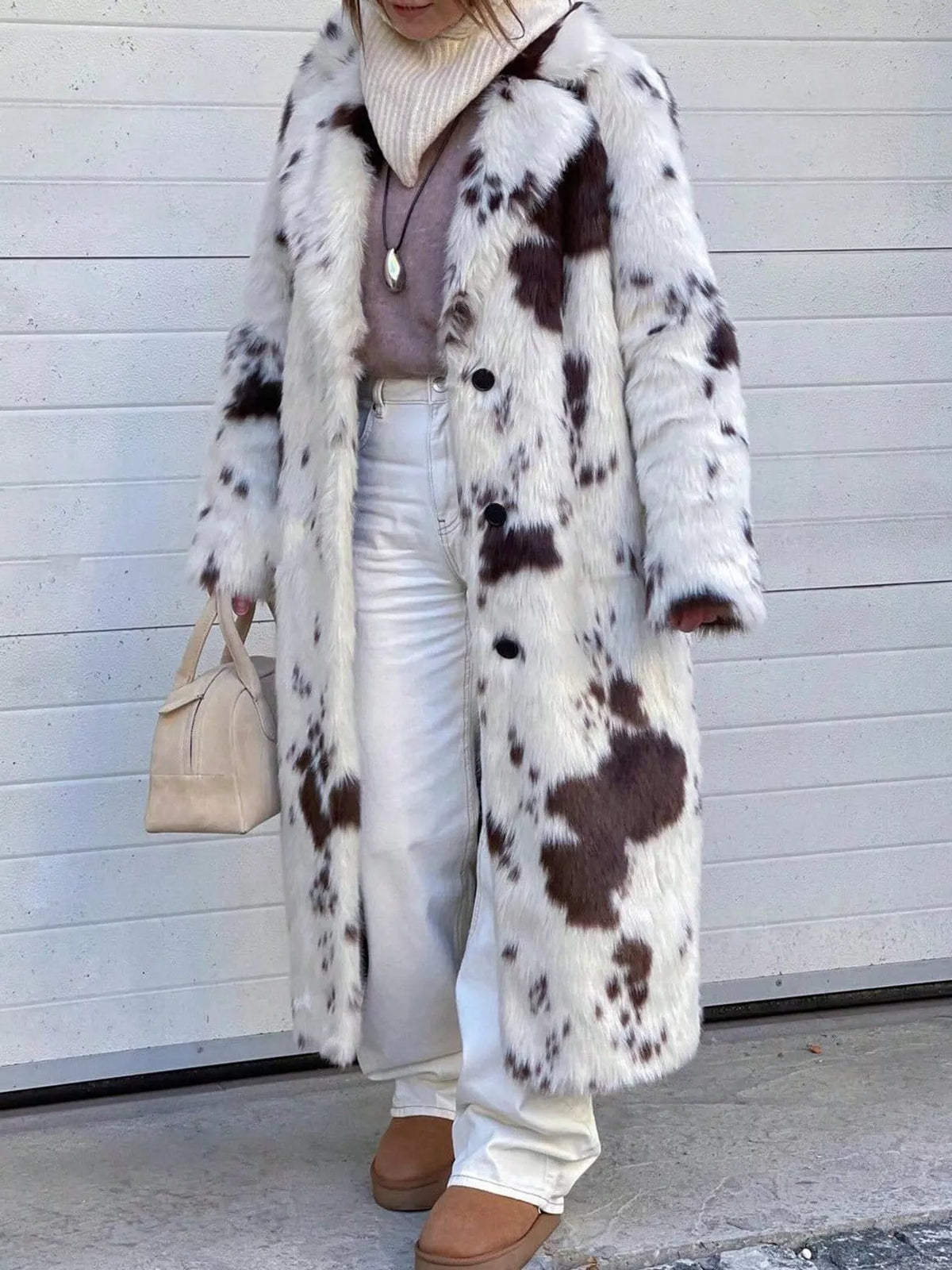 Cow Print Faux Fur Longline Coat in animal print