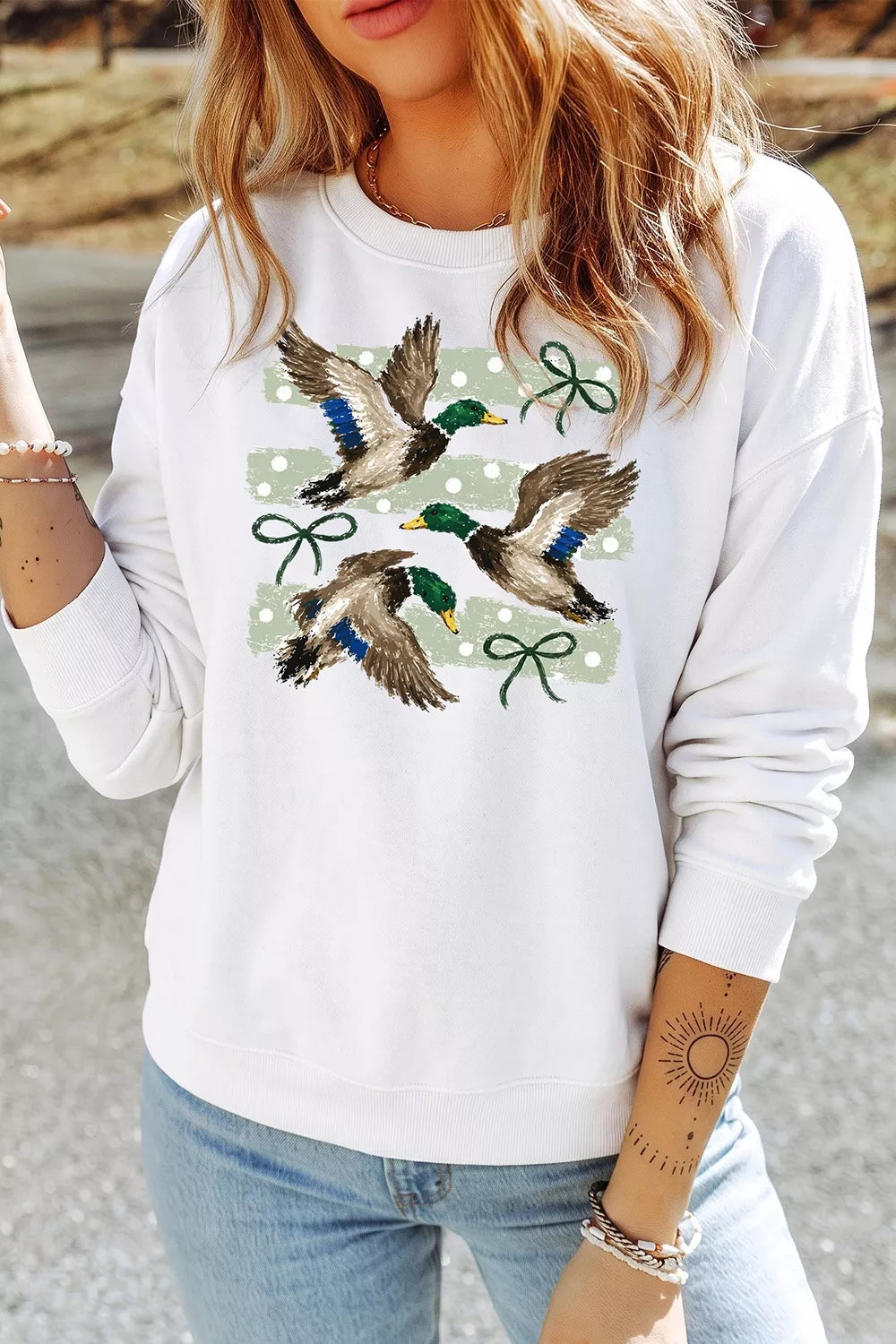 Mallard Bow Graphic Crew Neck Sweatshirt — front view