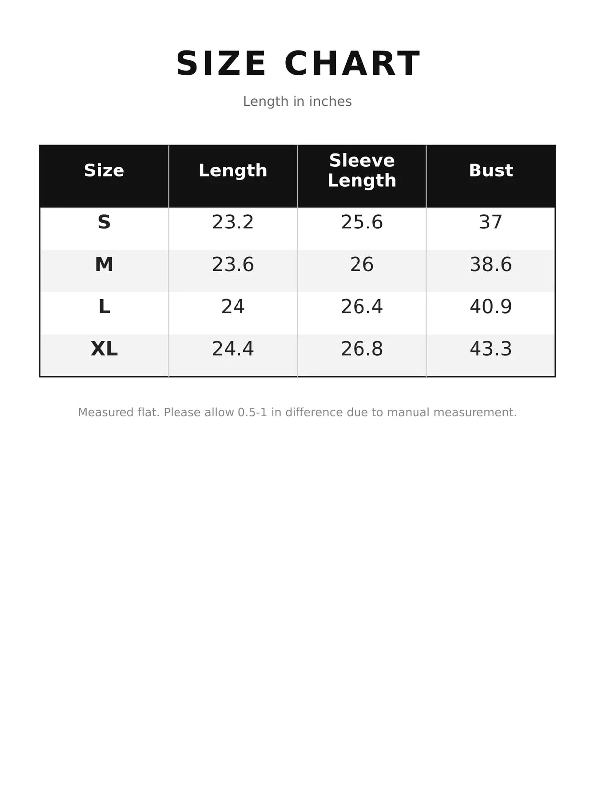 Size chart for women's lace-trimmed long sleeve sweater