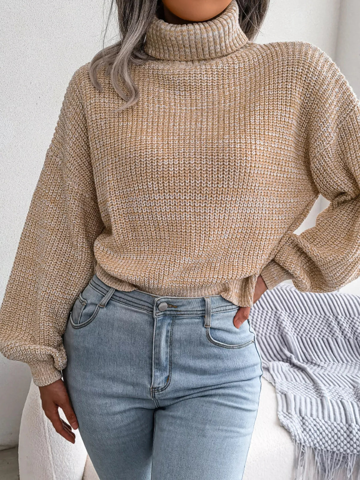 Turtleneck Dropped Shoulder Sweater in beige, front view