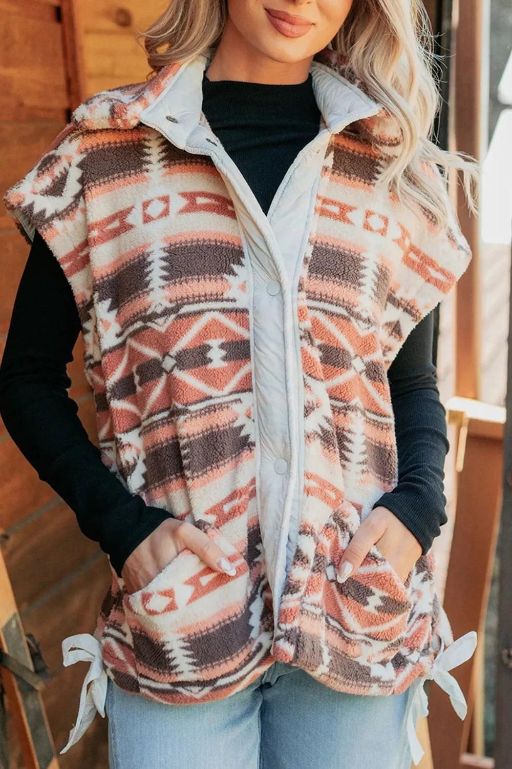 Trendsi Geometric Print Fleece Metal Button Placket Shift Silhouette Vest -