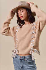 Trendsi SO ME Checkered Plaid Tape Lace Up Ribbed Sweater -