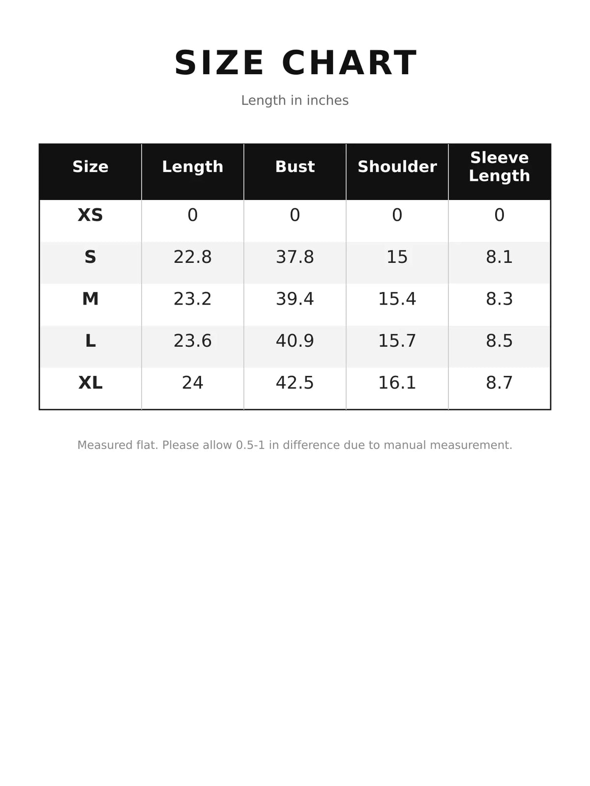 Size chart for women's tie back round neck short sleeve t shirt