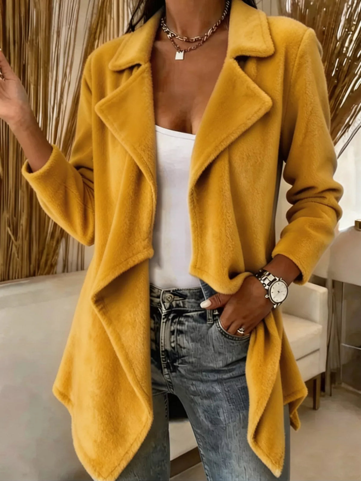 Yellow fleece waterfall collar jacket