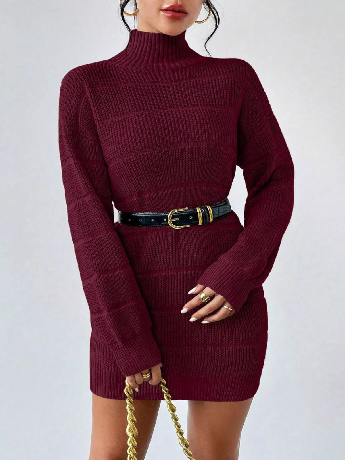 Women's Turtleneck Long Sleeve Sweater Dress in Purple, front view