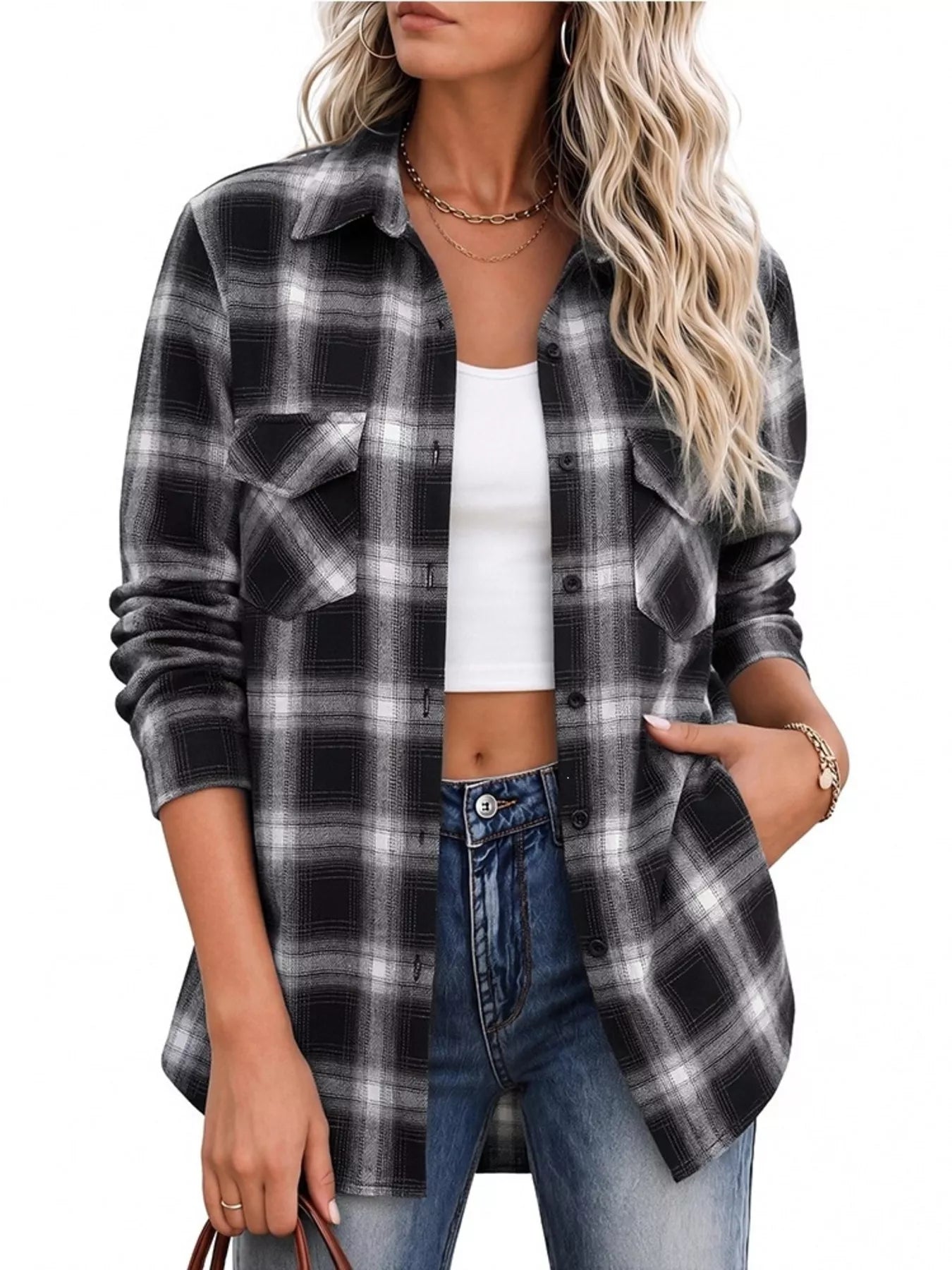 Trendsi Casual Plaid Button-Down Shirt -