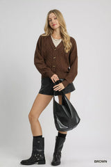 Trendsi Umgee Chunky Cable Knit V-Neck Button-Up Cardigan -