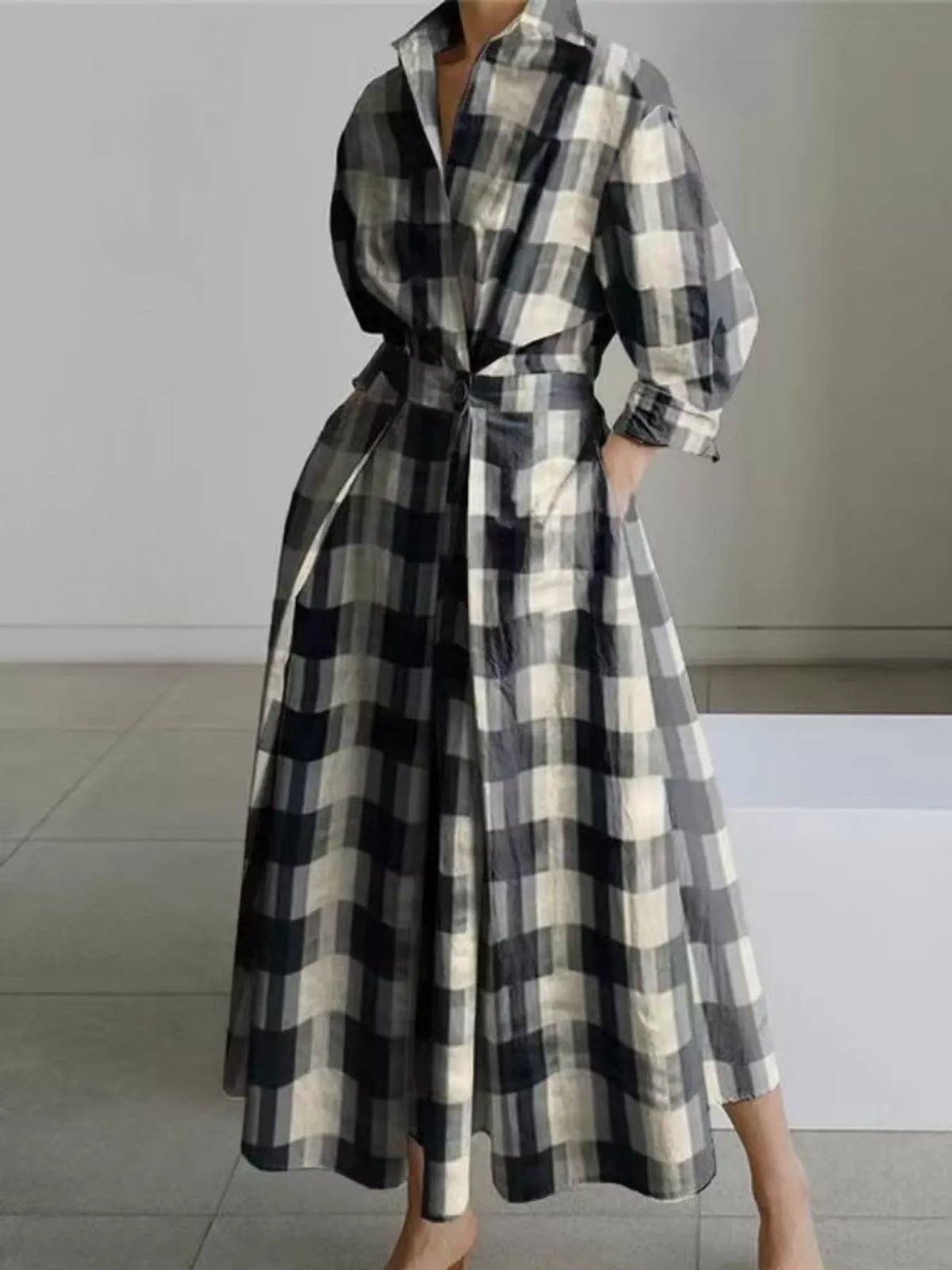 Collared Three-Quarter Sleeve Midi Shirt Dress — front view