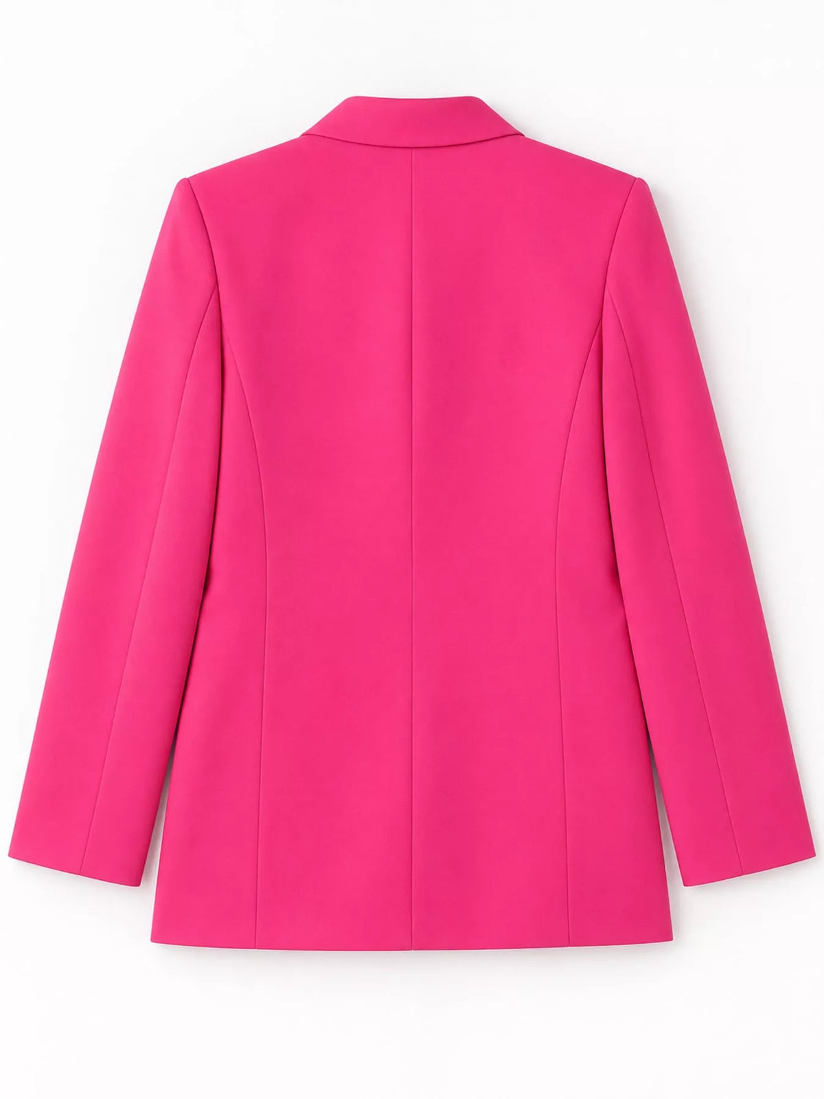 Hot pink double-breasted lapel collar blazer, back view