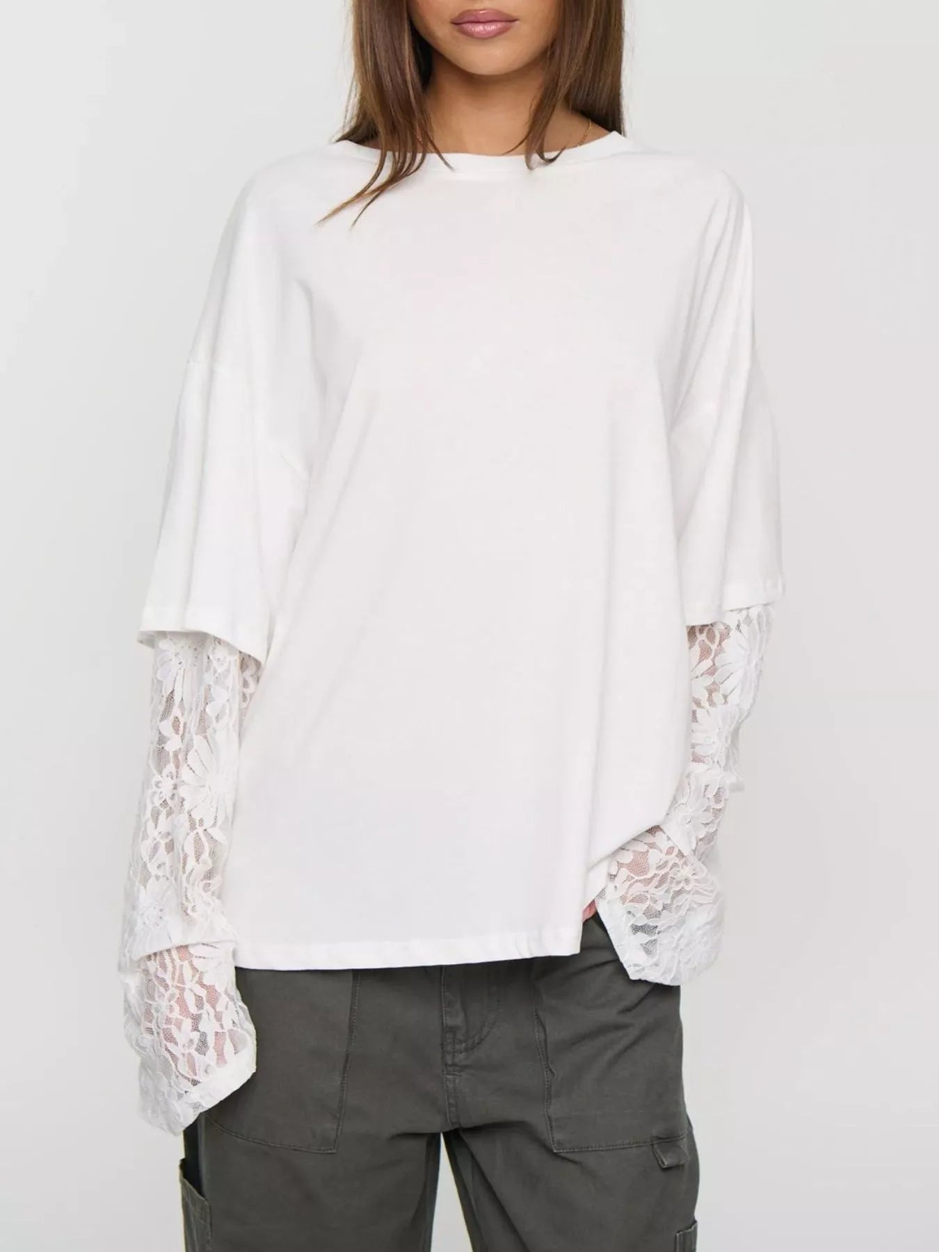 Trendsi Layered Lace-Sleeve T-Shirt -