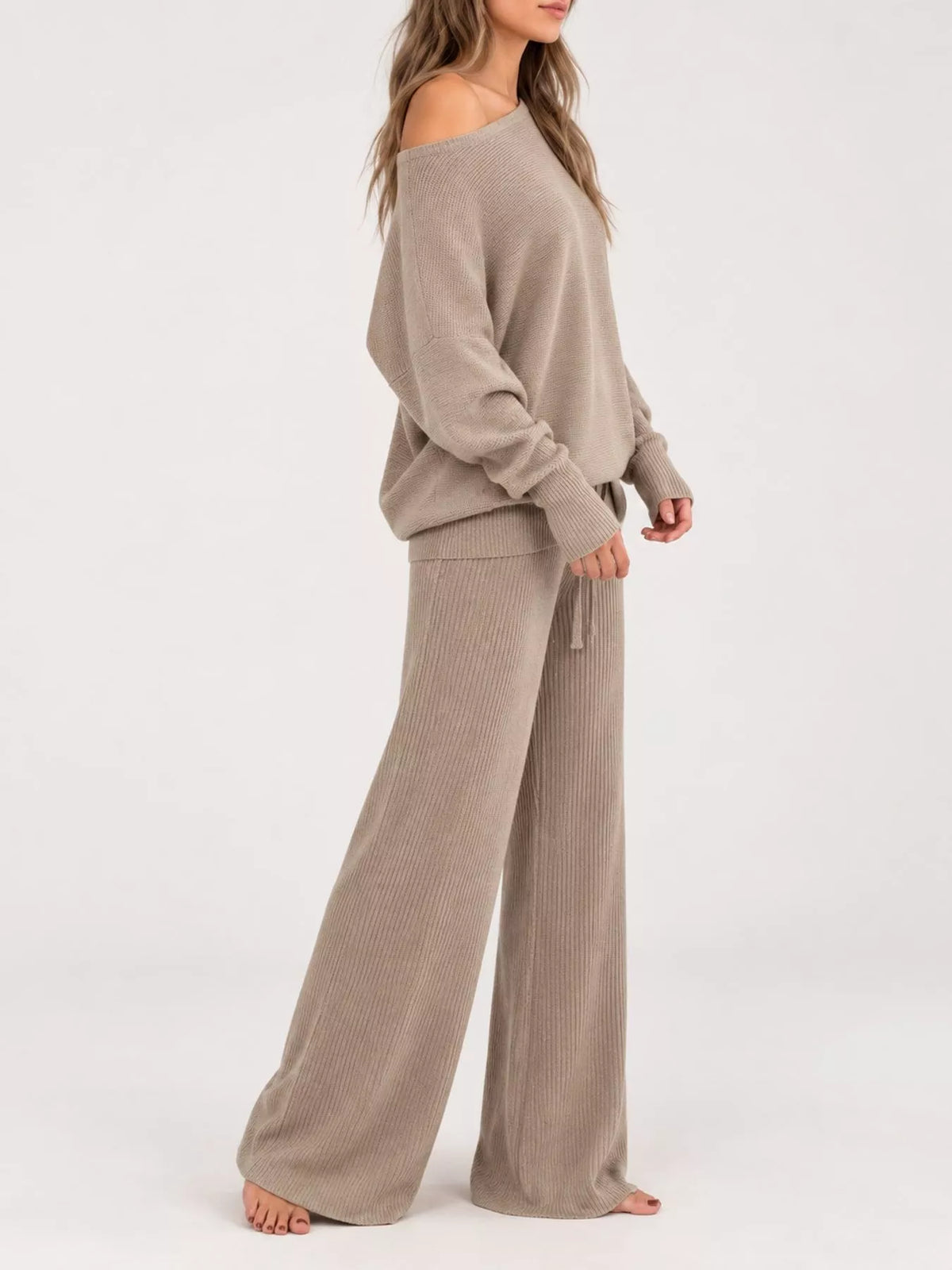 Asymmetric neck long sleeve outfit set, side view