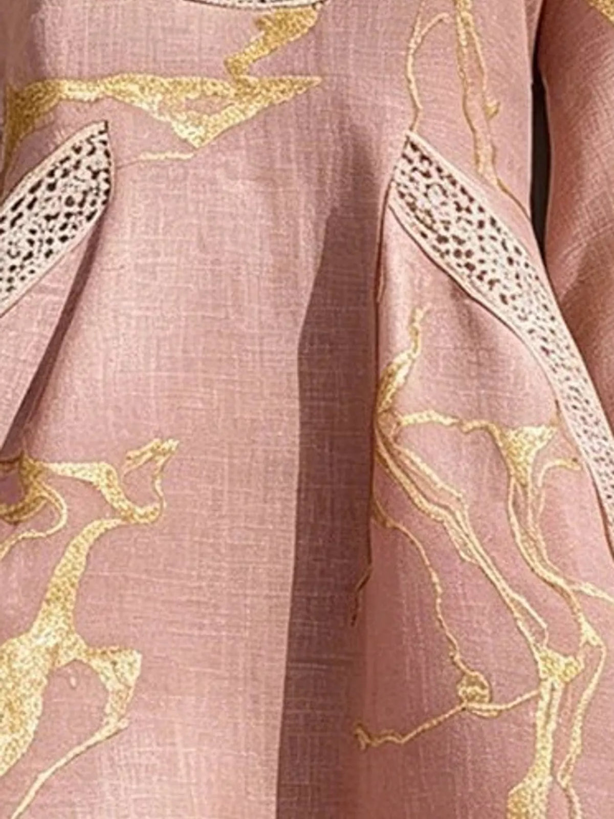 Pink notched 3/4 sleeve mini dress, close-up of the printed front panels