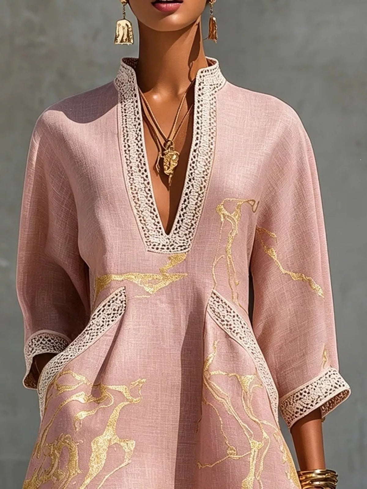 Pink notched 3/4 sleeve mini dress, notched neckline and sleeve trim