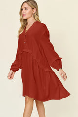Trendsi Double Take Full Size Texture Half Button Ruffle Trim Dress -