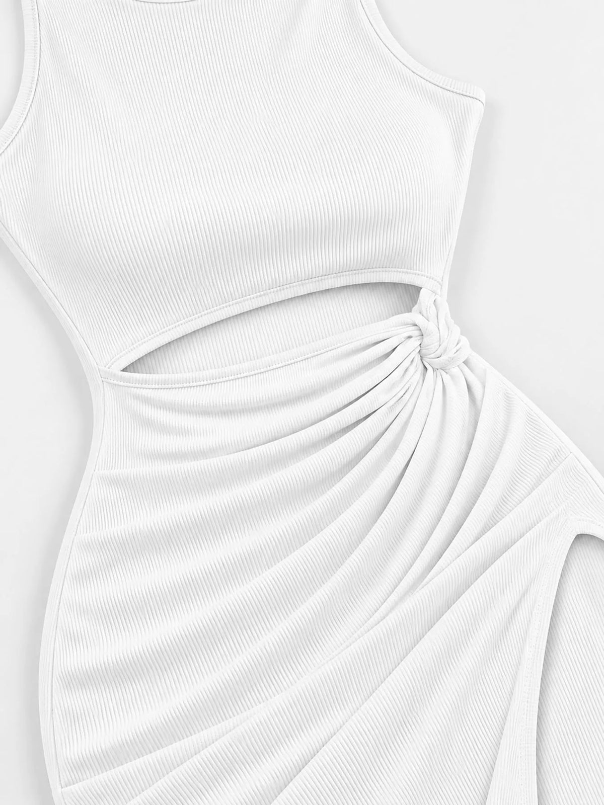 Women's Sleeveless Cut-Out Ruched High-Slit Bodycon Dress in white — waist detail view