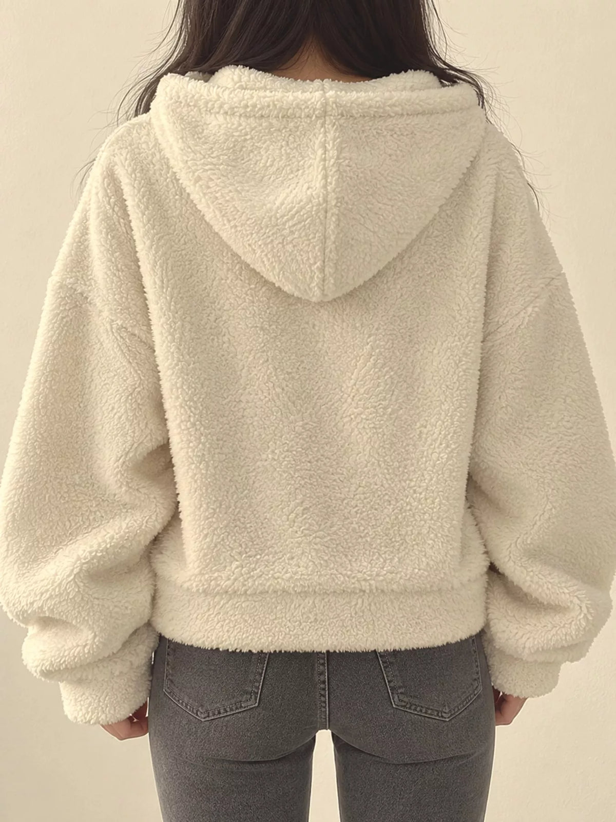 Cropped sherpa hoodie, cream back