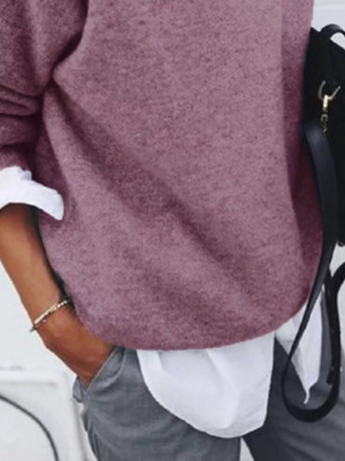 Lilac Round Neck Long Sleeve Sweater side view
