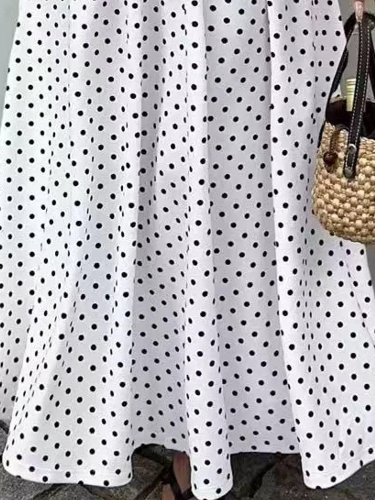 Women's Strapless Polka Dot Ruched Maxi Dress in white dots — print detail view
