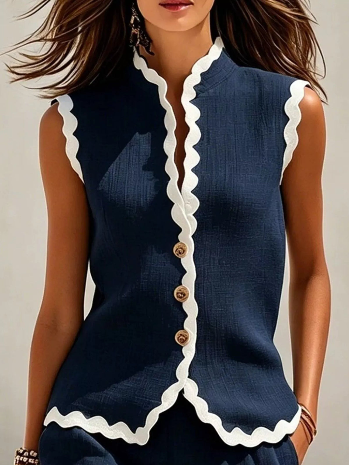 Navy and white scalloped top and shorts set, neckline and button detail