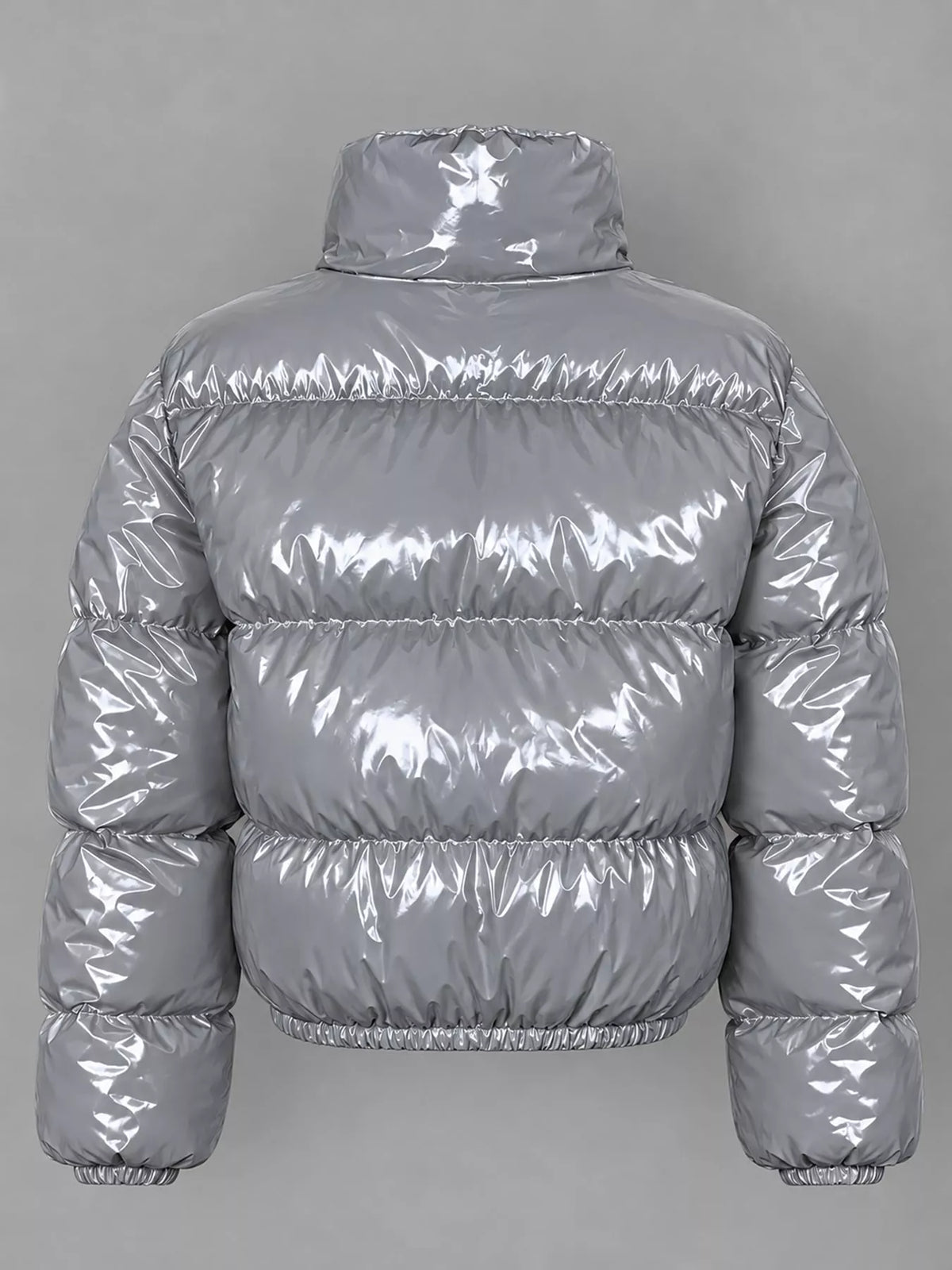 Glossy Stand-Collar Zip-Up Puffer Jacket — back view