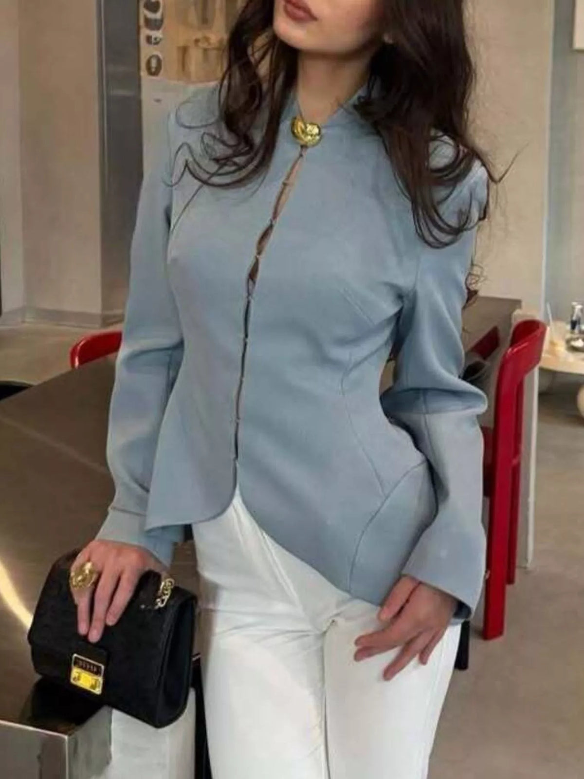Round neck long sleeve blazer, front view on model