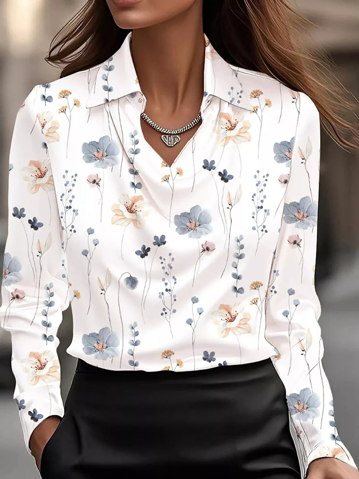 Black-Print satin cowl neck blouse