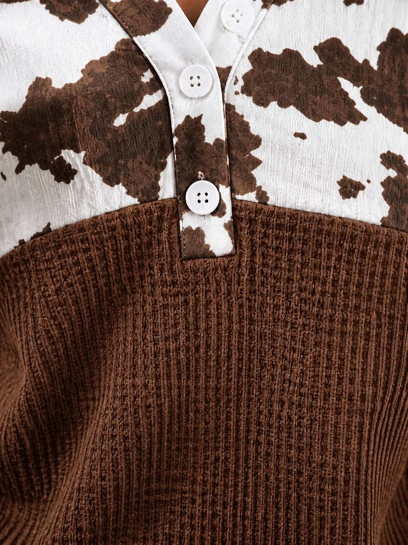 Trendsi Cow Print Color Block Waffle Knit Blouse -