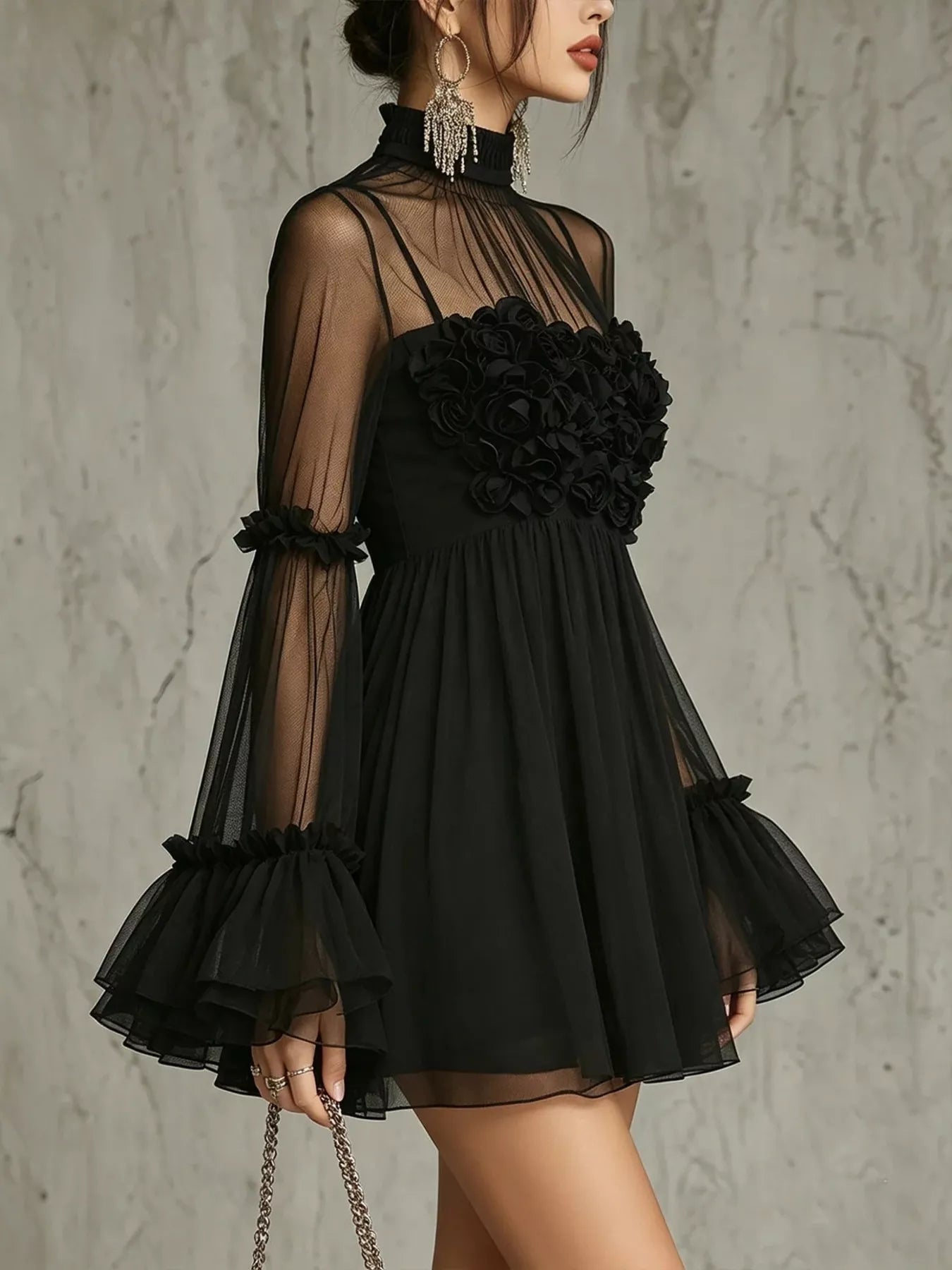 Trendsi Sheer Mesh Flare Sleeve Mini Dress -