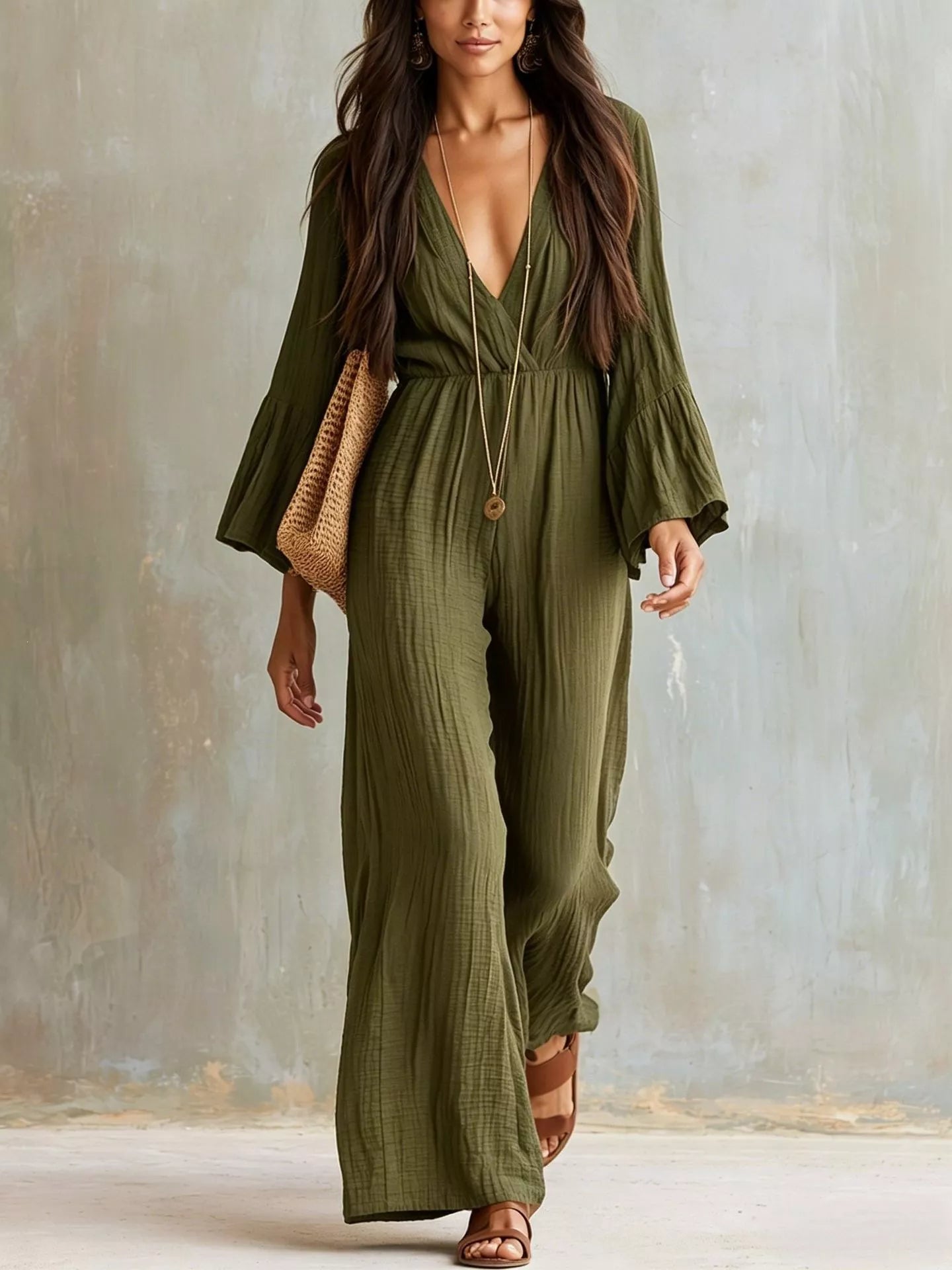 Trendsi Textured Flare Sleeve Jumpsuit -