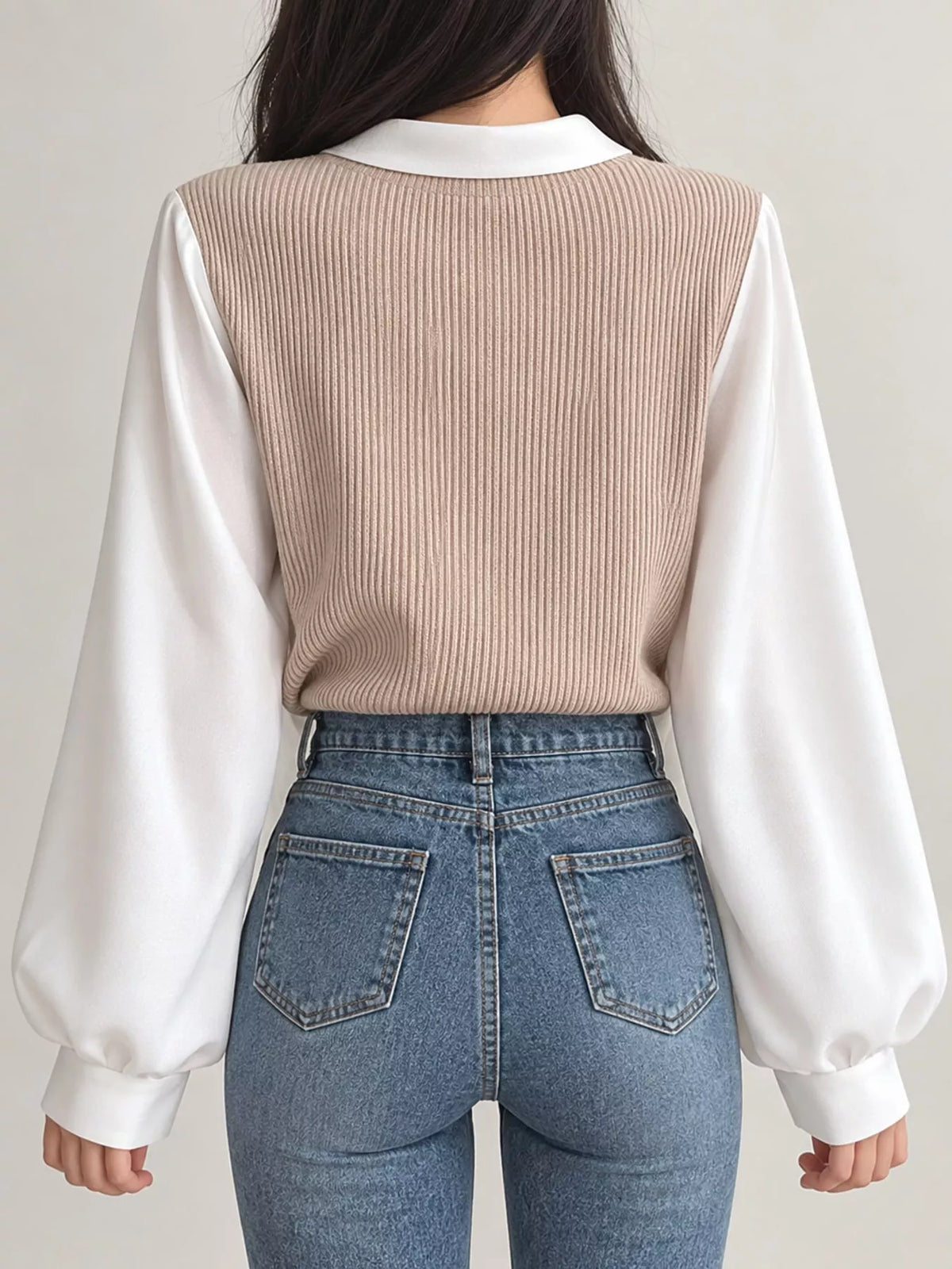 Layered blouse, taupe and white back