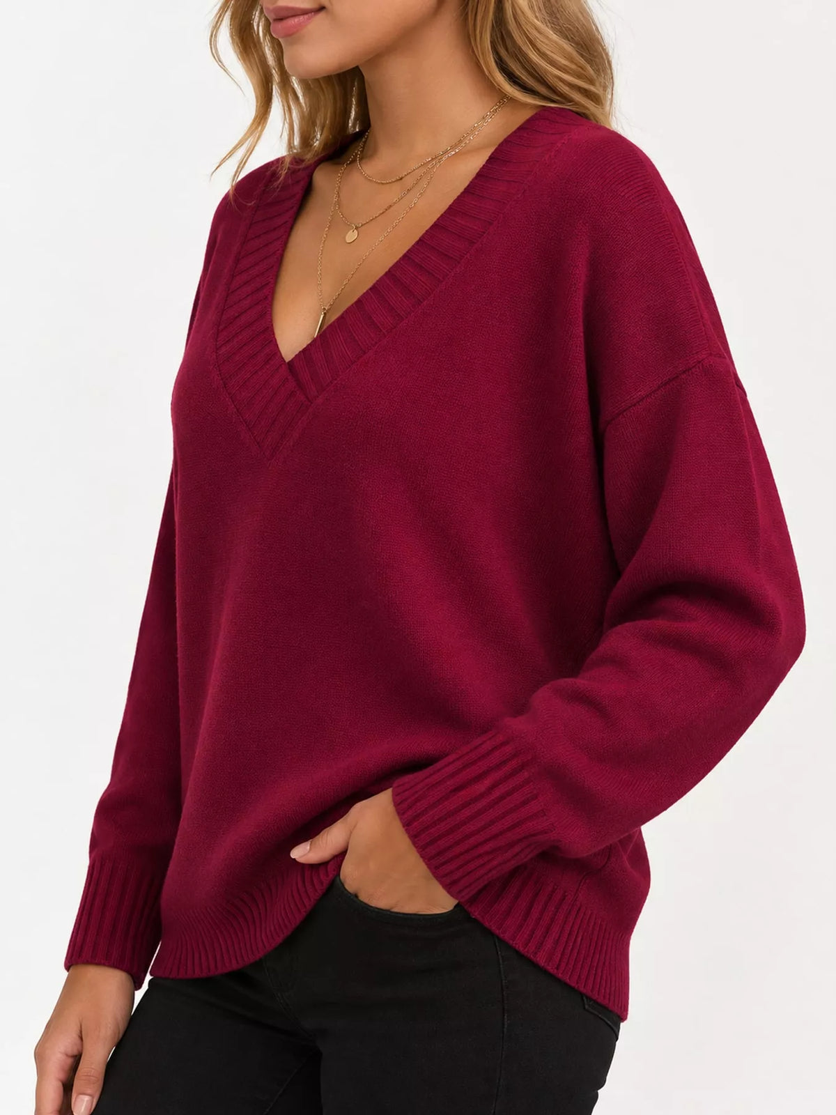 V-neck sweater, burgundy side