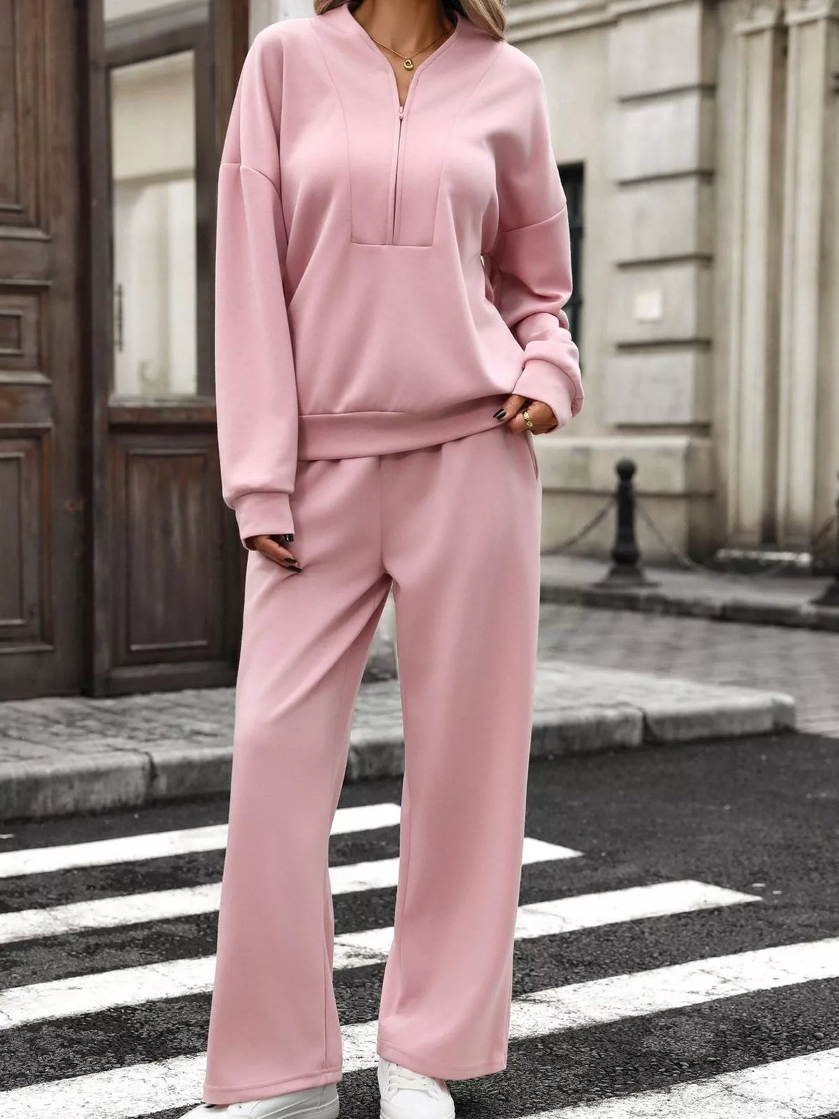 Trendsi Half Zip Sweatshirt and Wide-Leg Pants Set -