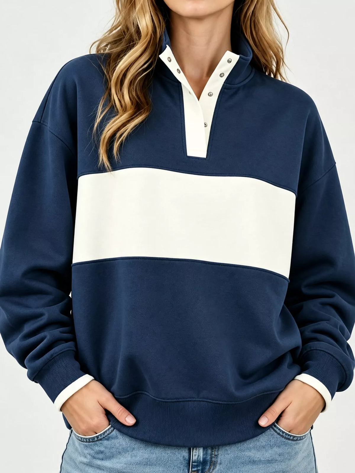 Navy and cream color block snap-button sweatshirt